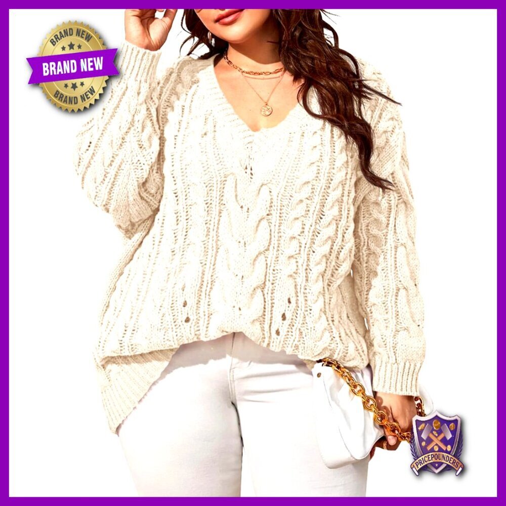 Plus Size V-Neck Cable Knit Sweater Long Sleeve Pullover Casual Fall Winter